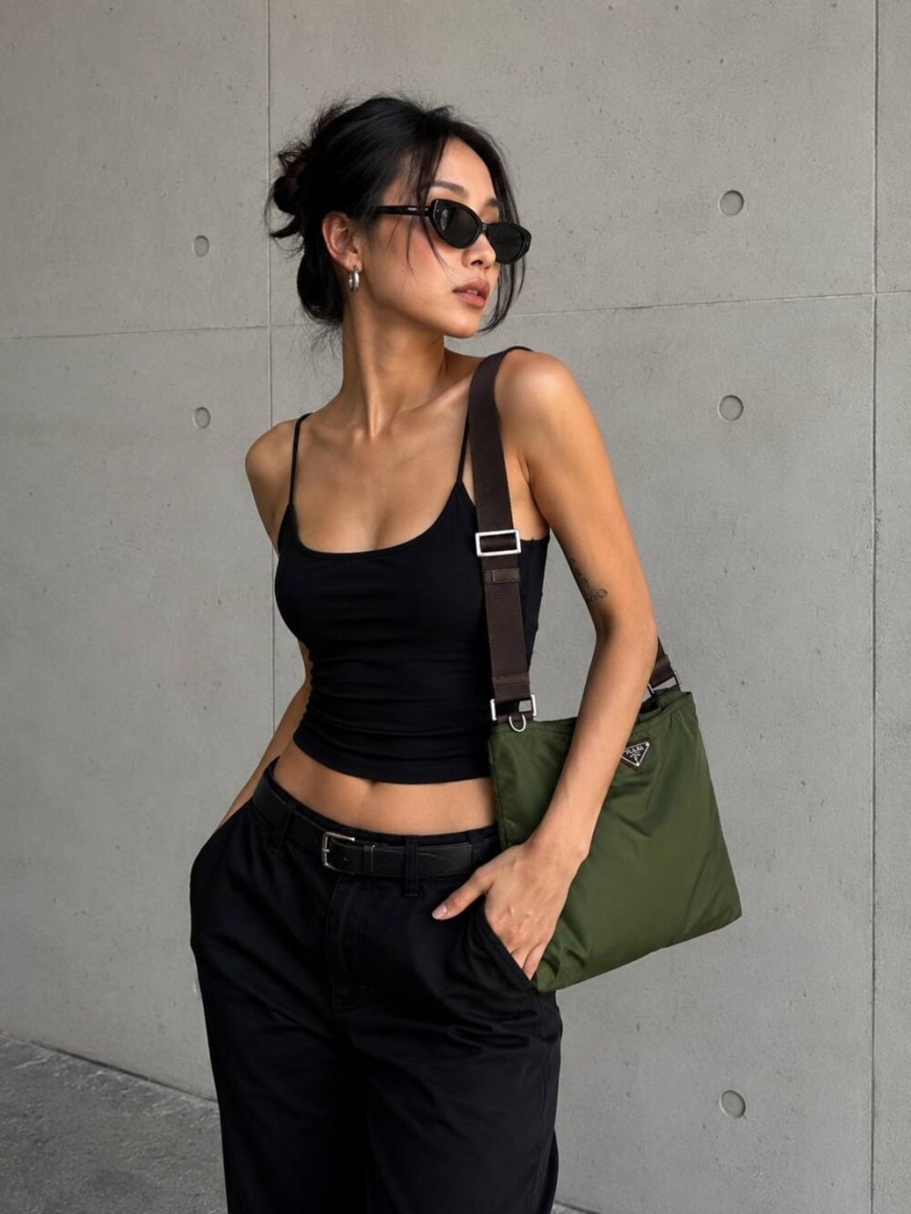 Prada Nylon Crossbody Bag Olive Green Leather Trim